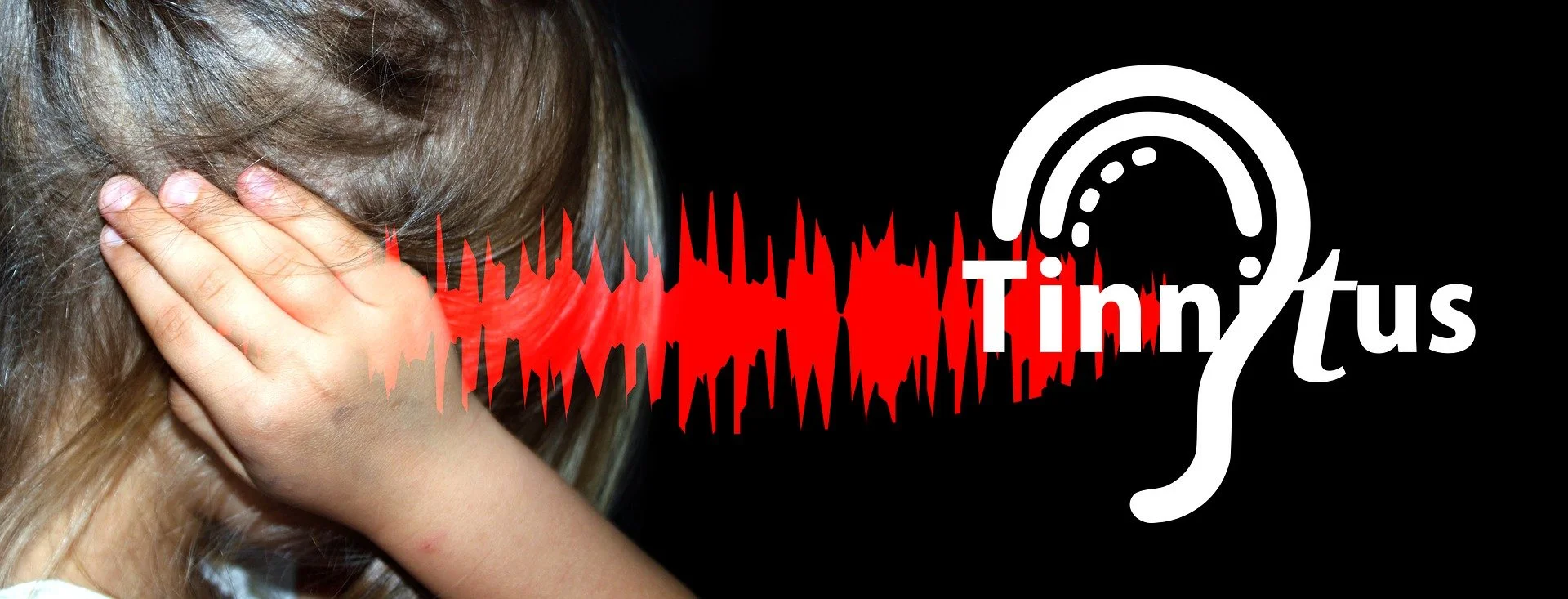 Child covering ears as a red jagged sound wave approaches the ear, with the word 'Tinnitus' on a black background.
